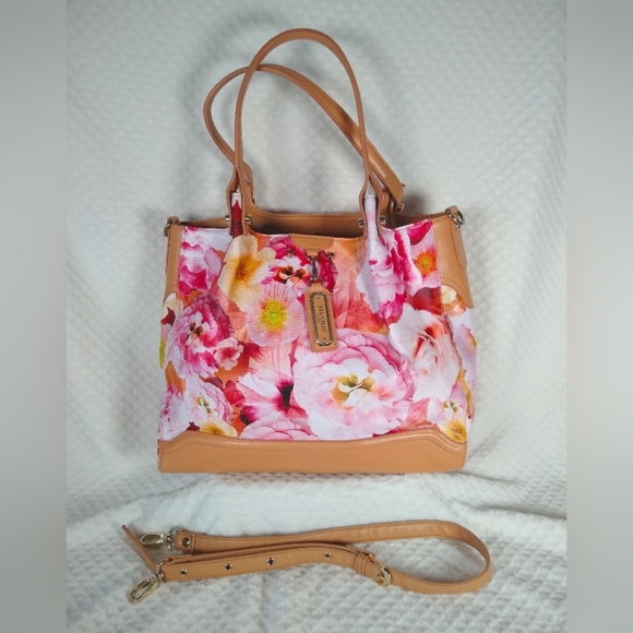 Sharif Hand Painted Tan Leather Purse Gorgeous Pink Florals - Picture 1 of 15